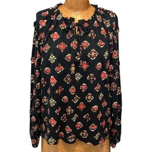 Wonderly 100% Cotton Long Sleeved Knit Blouse in Navy with Floral Design